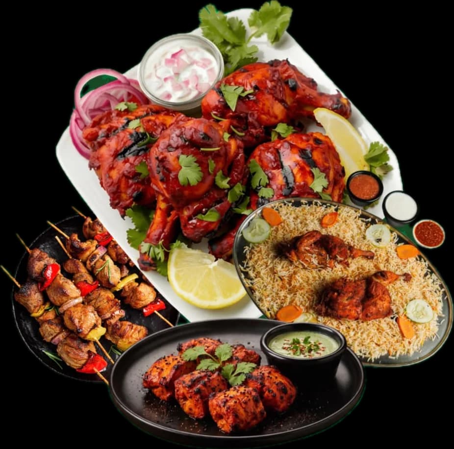 Tandoori chicken with lemon and raita, alongside kebab skewers, tikka with mint chutney and a plate of chicken mandi